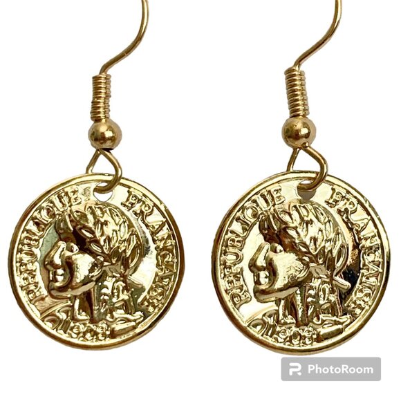 Vintage French Republique Faux Coin Earrings Dangle Gold Plated Wire France - Picture 2 of 8